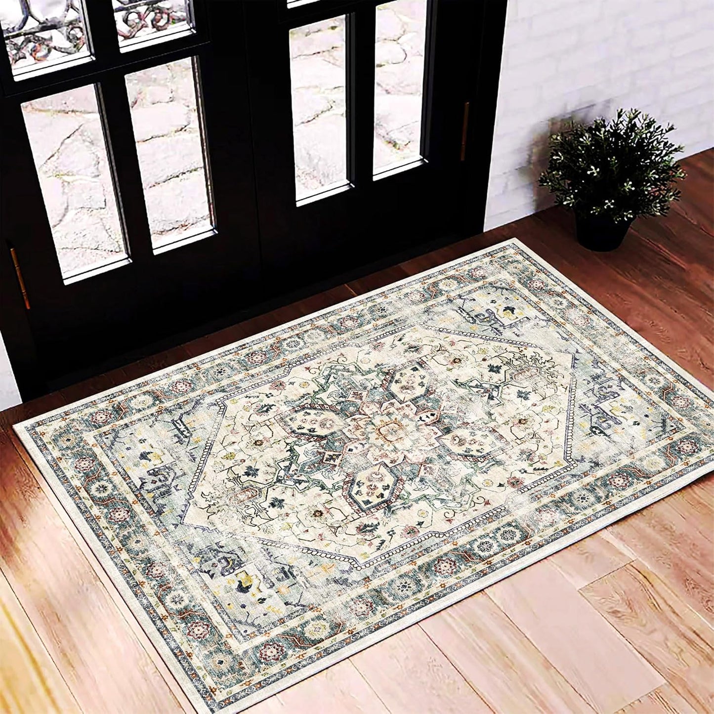Washable Area Rug 9'x12' Boho Design Non-Shedding Easy Care Ideal for High Traffic Areas in Living Room Bedroom Office Coffee Table Kitchen Large Carpet