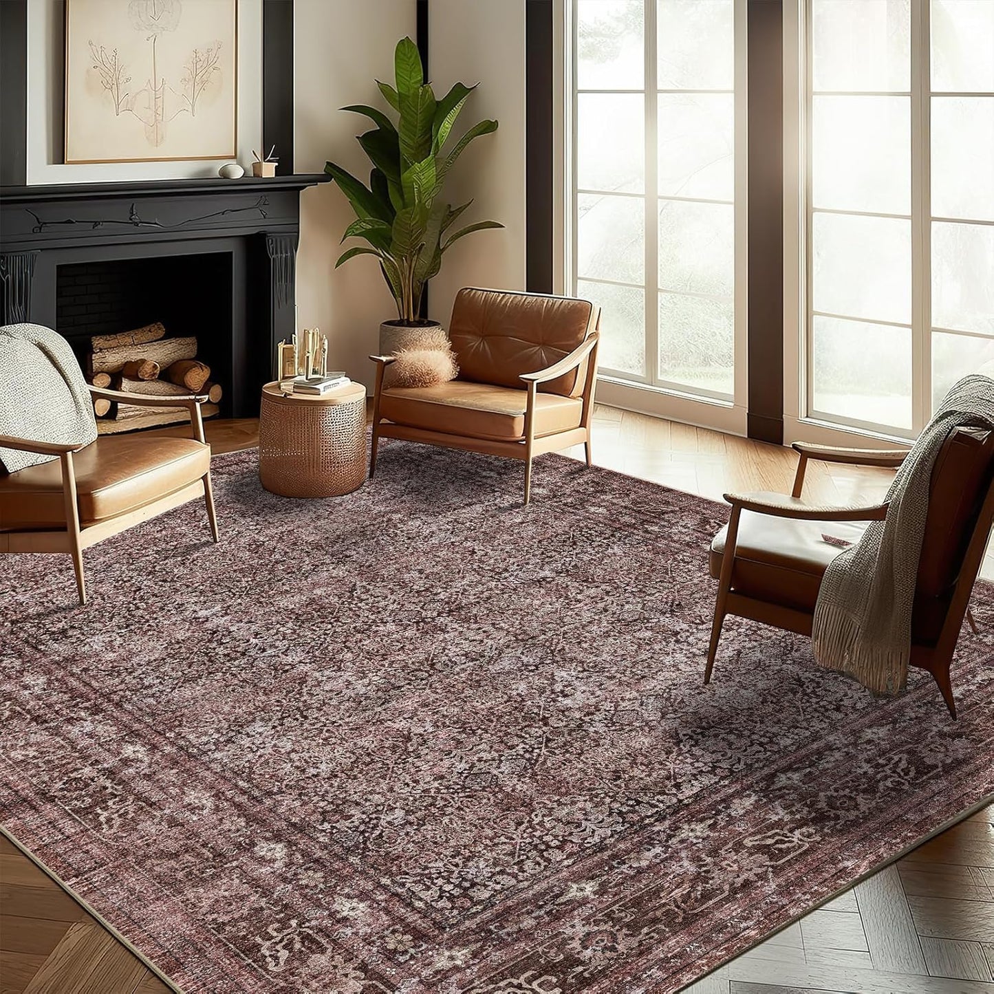 Washable Area Rug 9'x12' Boho Design Non-Shedding Easy Care Ideal for High Traffic Areas in Living Room Bedroom Office Coffee Table Kitchen Large Carpet