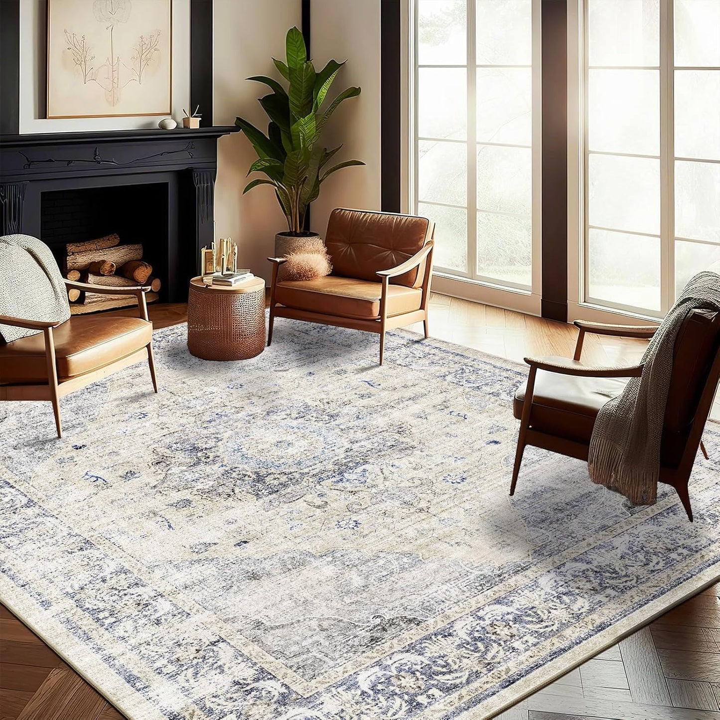 Washable Area Rug 9'x12' Boho Design Non-Shedding Easy Care Ideal for High Traffic Areas in Living Room Bedroom Office Coffee Table Kitchen Large Carpet