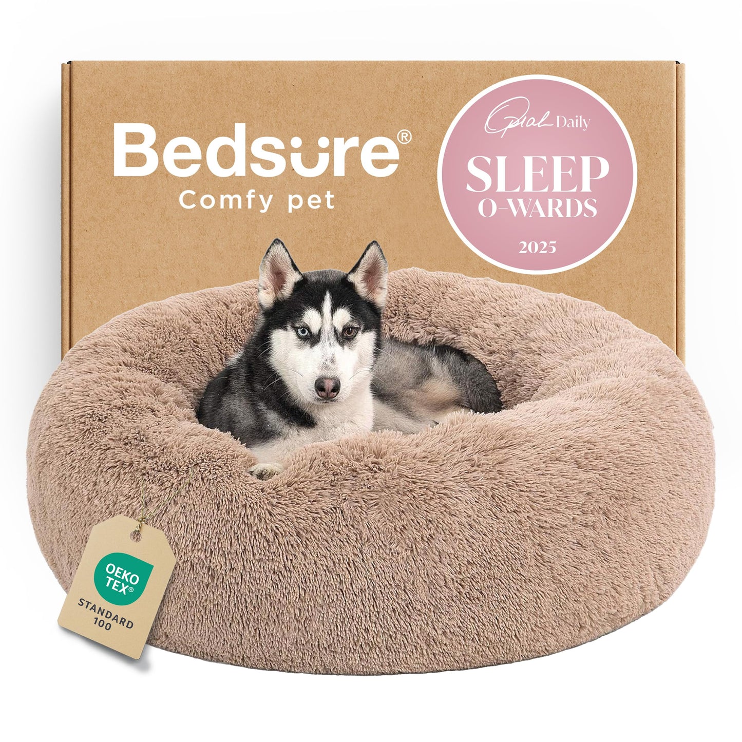 Bedsure Calming Dog Bed Medium Size Dog - Donut Washable Medium Pet Bed, 30 inches Anti-Slip Round Fluffy Plush Faux Fur Cat Bed, Fits up to 45 lbs Pets, Camel