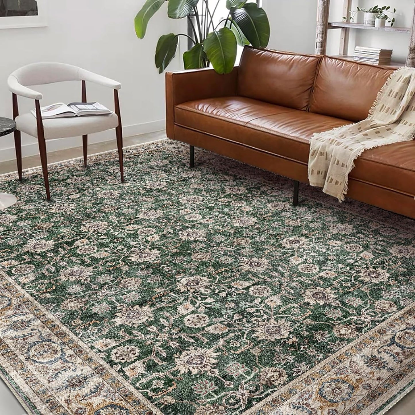 Washable Area Rug 9'x12' Boho Design Non-Shedding Easy Care Ideal for High Traffic Areas in Living Room Bedroom Office Coffee Table Kitchen Large Carpet