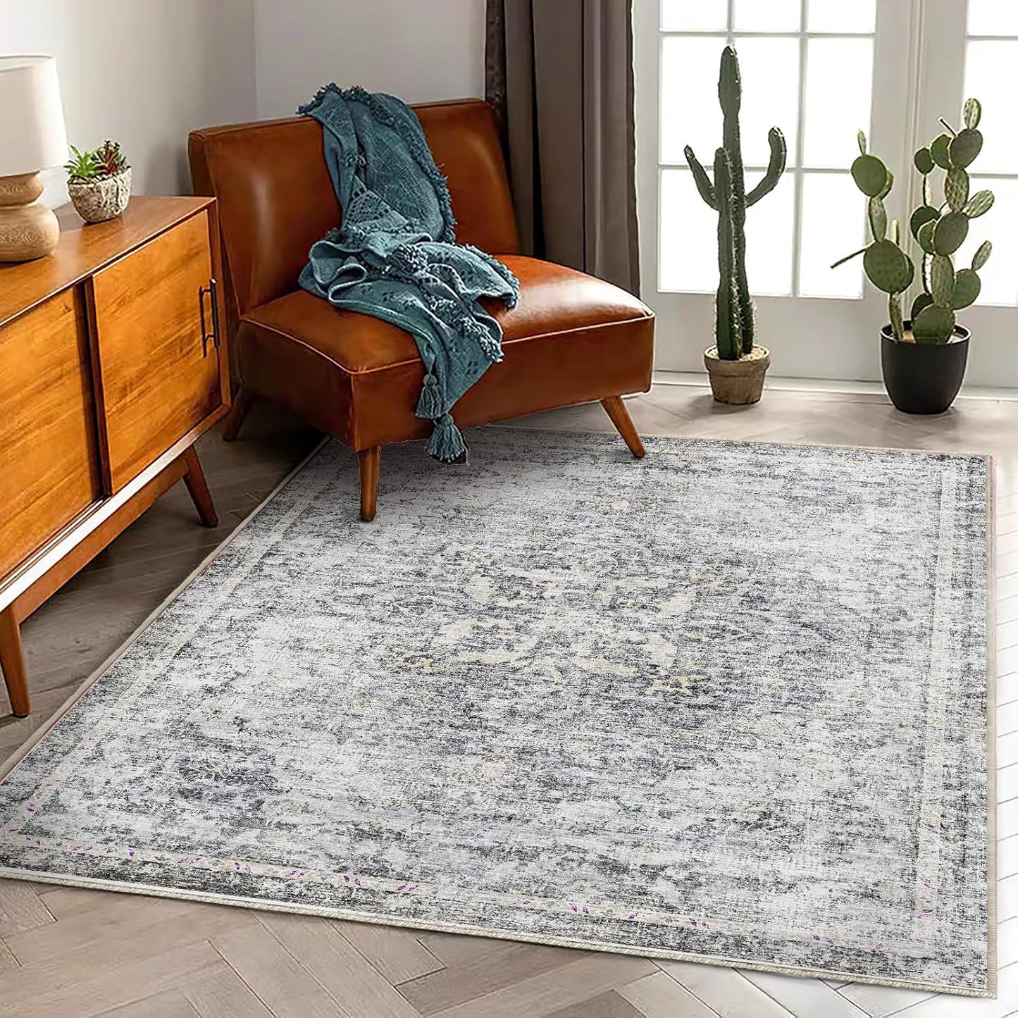 Washable Area Rug 9'x12' Boho Design Non-Shedding Easy Care Ideal for High Traffic Areas in Living Room Bedroom Office Coffee Table Kitchen Large Carpet