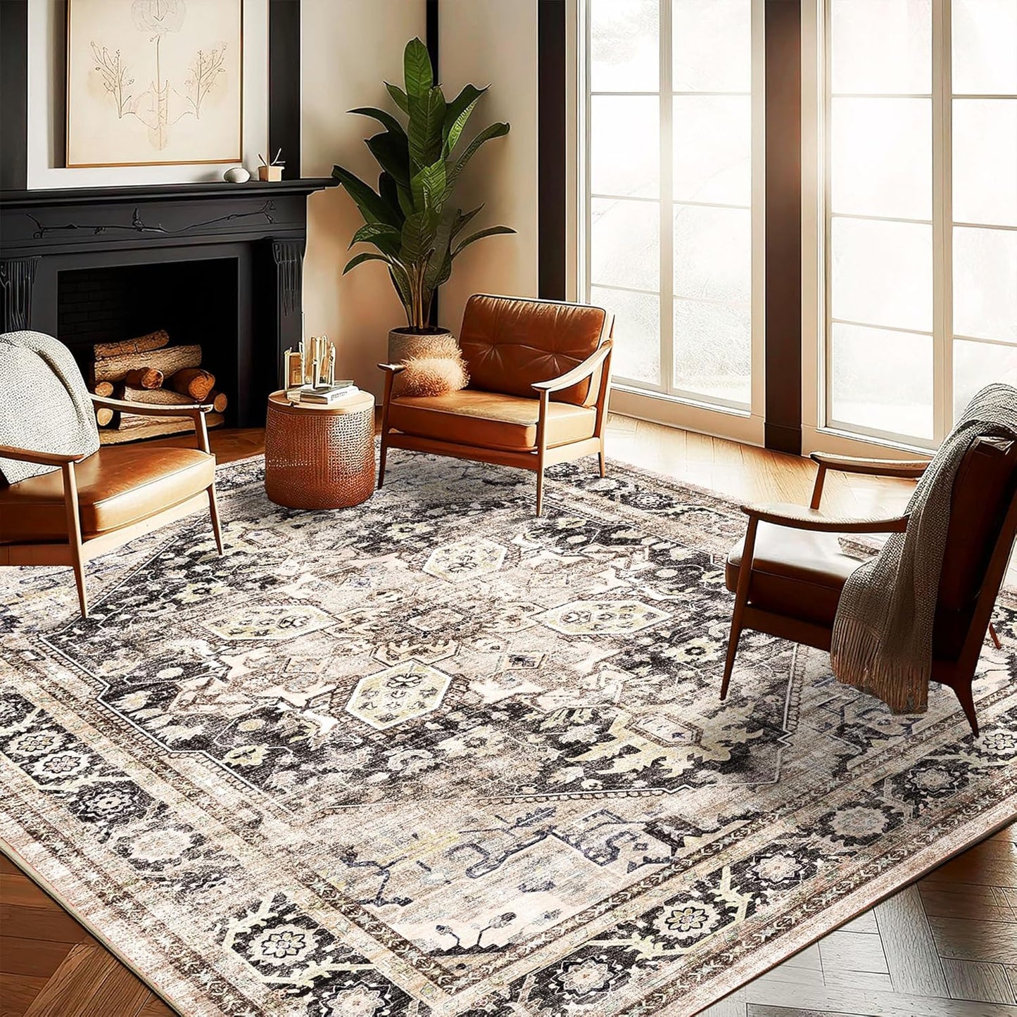 Washable Area Rug 9'x12' Boho Design Non-Shedding Easy Care Ideal for High Traffic Areas in Living Room Bedroom Office Coffee Table Kitchen Large Carpet