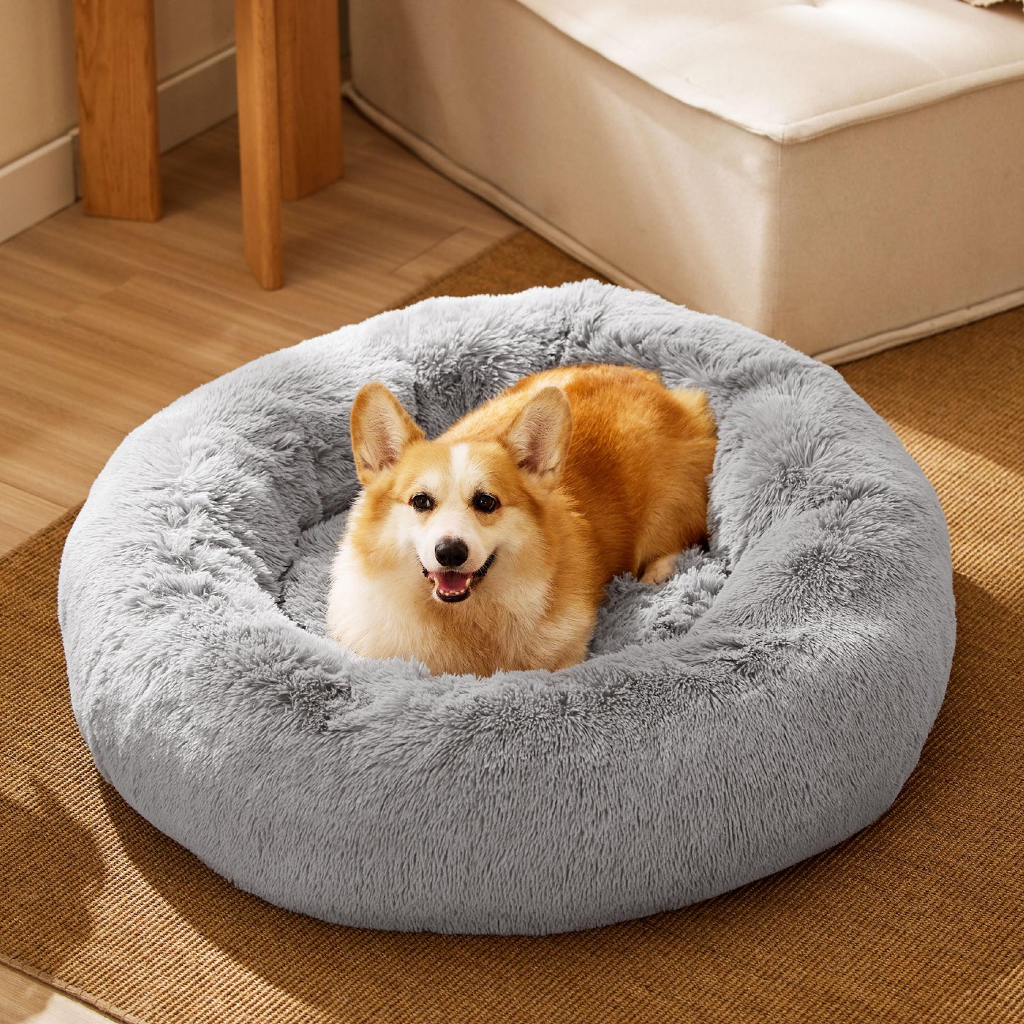 Bedsure Calming Dog Bed Medium Size Dog - Donut Washable Medium Pet Bed, 30 inches Anti-Slip Round Fluffy Plush Faux Fur Cat Bed, Fits up to 45 lbs Pets, Camel
