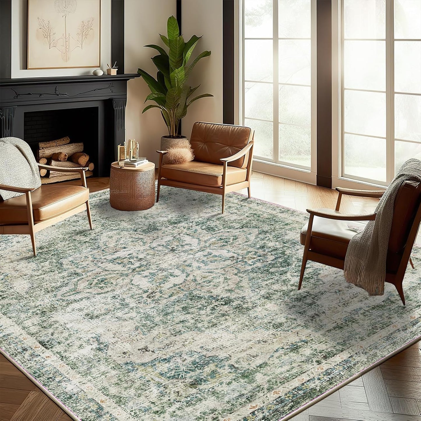 Washable Area Rug 9'x12' Boho Design Non-Shedding Easy Care Ideal for High Traffic Areas in Living Room Bedroom Office Coffee Table Kitchen Large Carpet