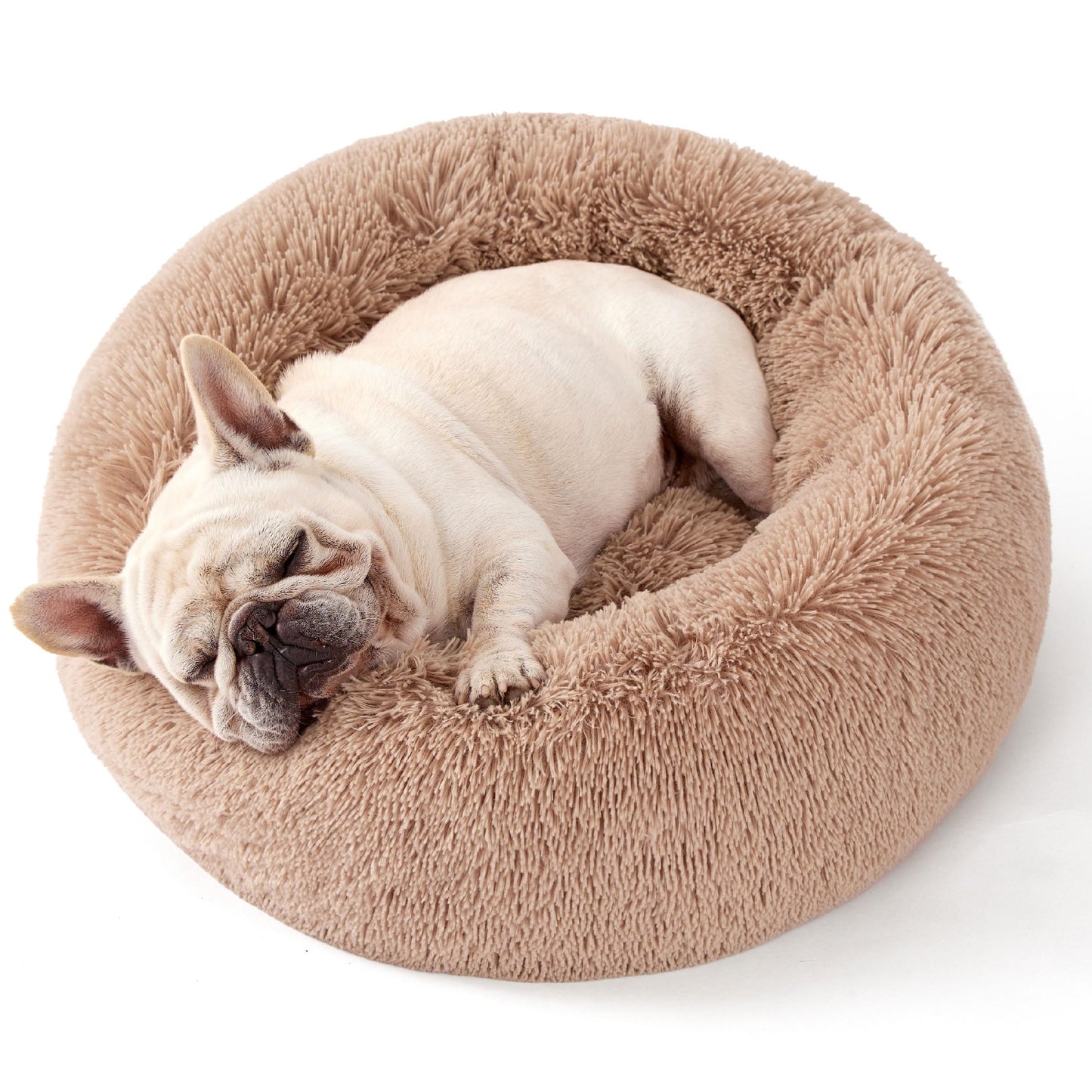 Bedsure Calming Dog Bed Medium Size Dog - Donut Washable Medium Pet Bed, 30 inches Anti-Slip Round Fluffy Plush Faux Fur Cat Bed, Fits up to 45 lbs Pets, Camel