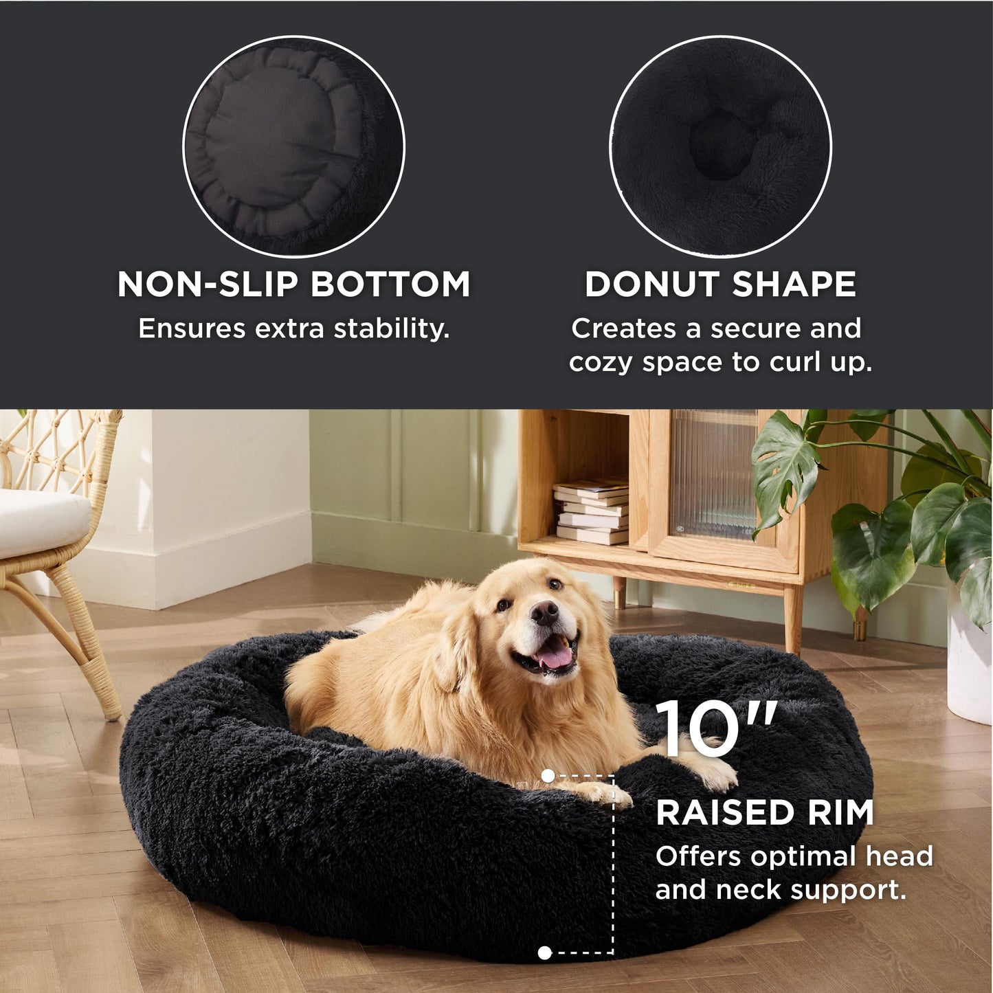 Bedsure Calming Dog Bed Medium Size Dog - Donut Washable Medium Pet Bed, 30 inches Anti-Slip Round Fluffy Plush Faux Fur Cat Bed, Fits up to 45 lbs Pets, Camel