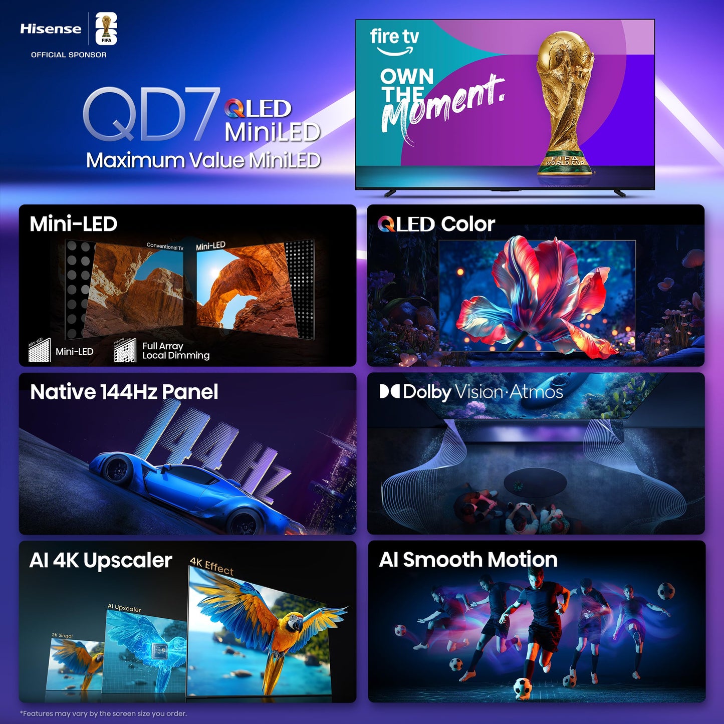 Hisense 85" Class QD7 Series Mini-LED 4K UHD Smart Fire TV (85QD7QF, 2025 Model) - QLED, Native 144hz, HDR10+, Dolby Vision, Dolby Atmos, Game Mode Pro, ALLM, Alexa Built in with Voice Remote, MEMC