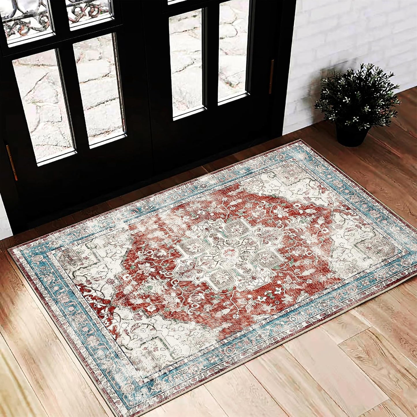 Washable Area Rug 9'x12' Boho Design Non-Shedding Easy Care Ideal for High Traffic Areas in Living Room Bedroom Office Coffee Table Kitchen Large Carpet