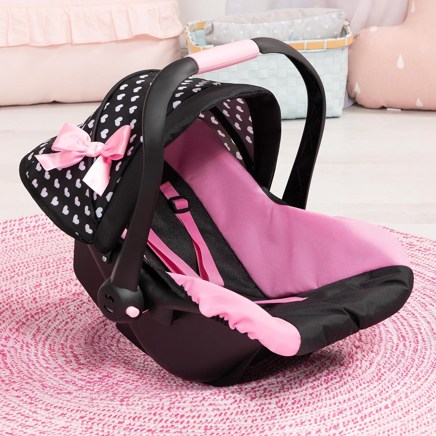 Bayer Design Dolls: Deluxe Car Seat: Hearts Black & Pink - Pretend Play Accessory for Dolls/Plushes Up to 18", Ages 3+, Large