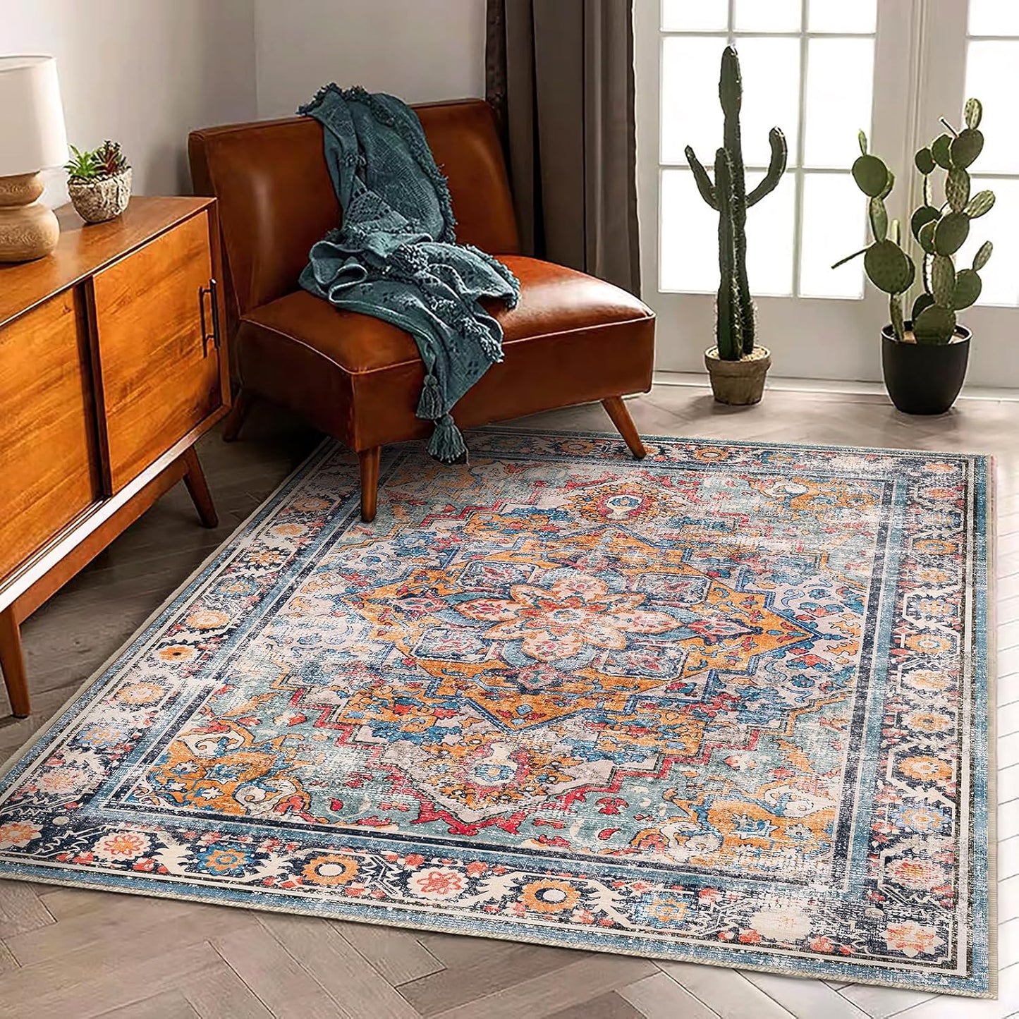 Washable Area Rug 9'x12' Boho Design Non-Shedding Easy Care Ideal for High Traffic Areas in Living Room Bedroom Office Coffee Table Kitchen Large Carpet