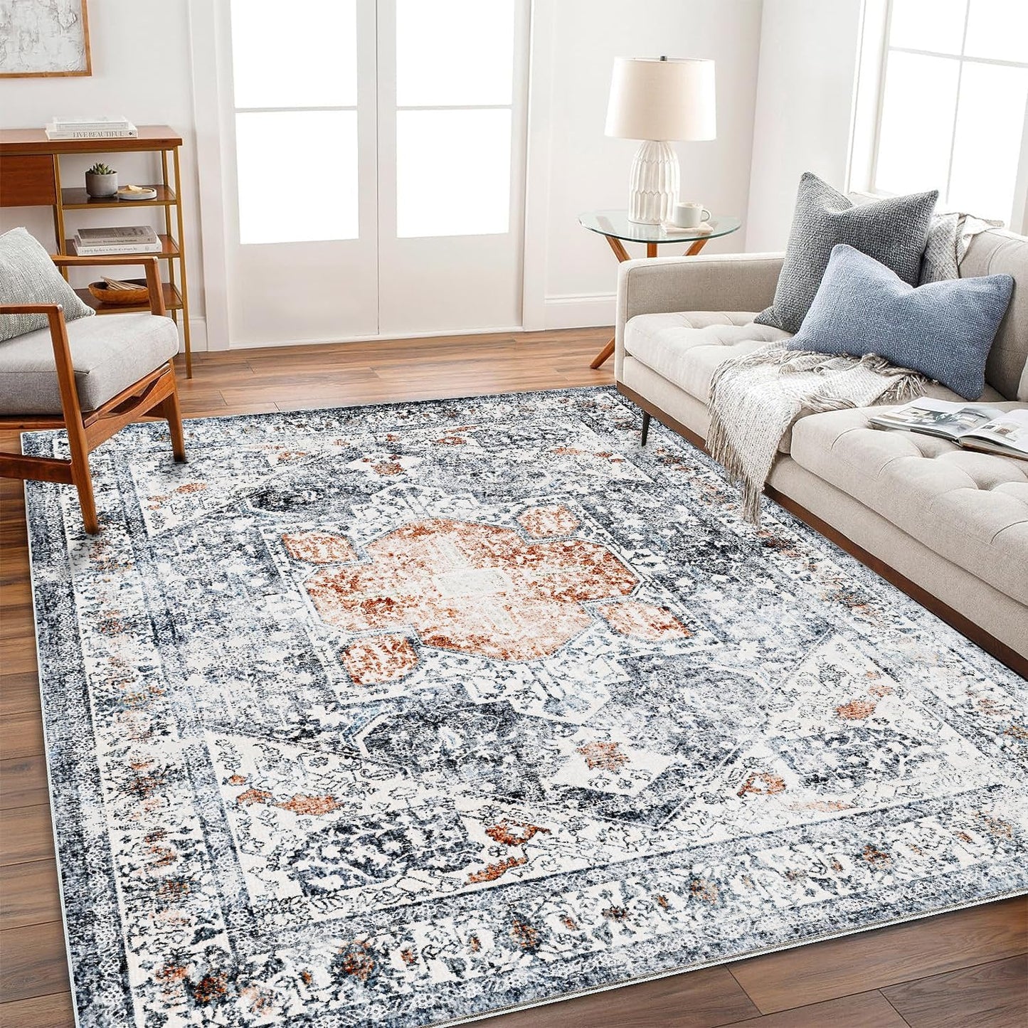 Washable Area Rug 9'x12' Boho Design Non-Shedding Easy Care Ideal for High Traffic Areas in Living Room Bedroom Office Coffee Table Kitchen Large Carpet