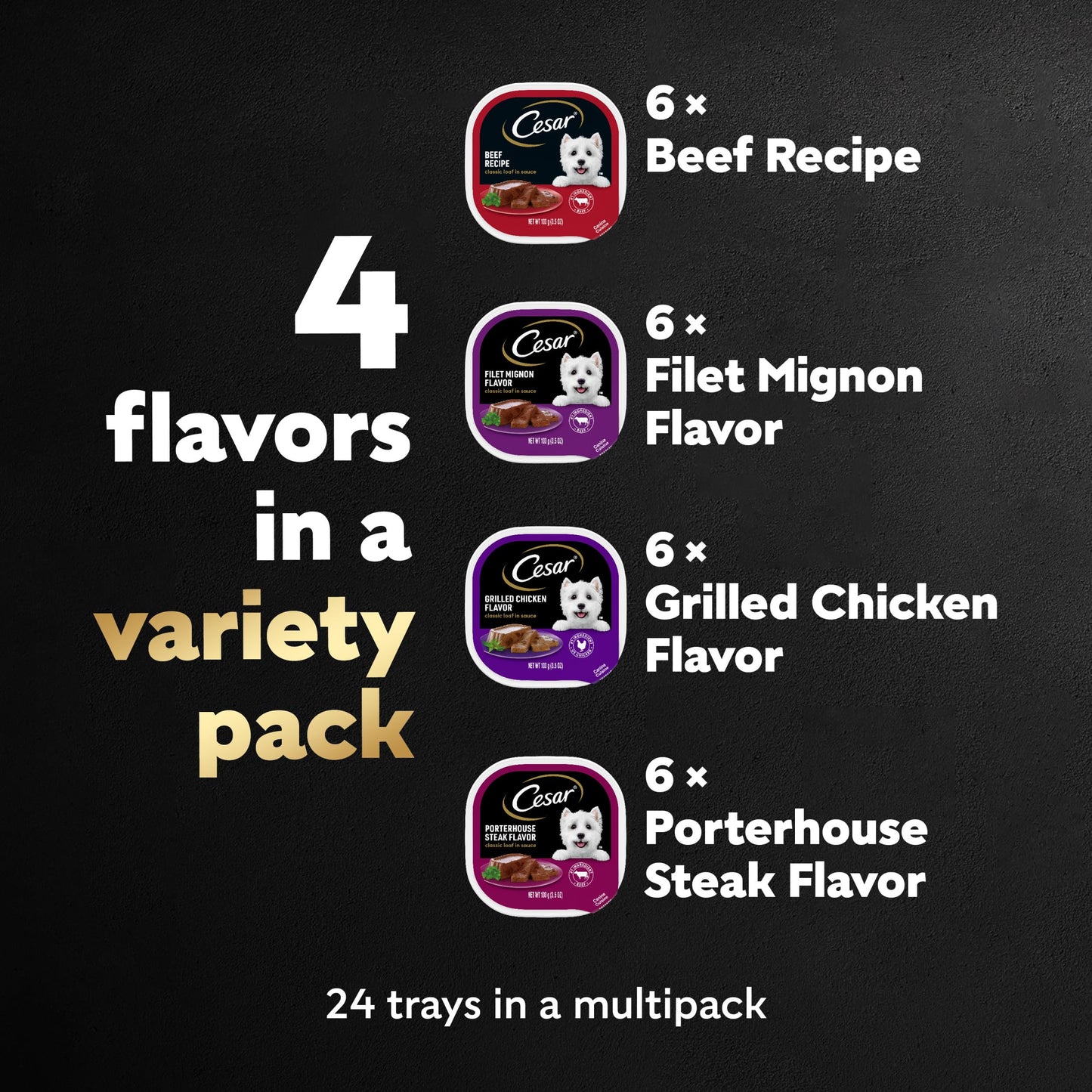 Cesar Wet Dog Food Classic Loaf in Sauce Grilled Chicken, Filet Mignon, Porterhouse Steak, Beef, Chicken & Liver and Turkey Variety Pack 3.5 oz. Easy Peel Trays (36 Count, Pack of 1)
