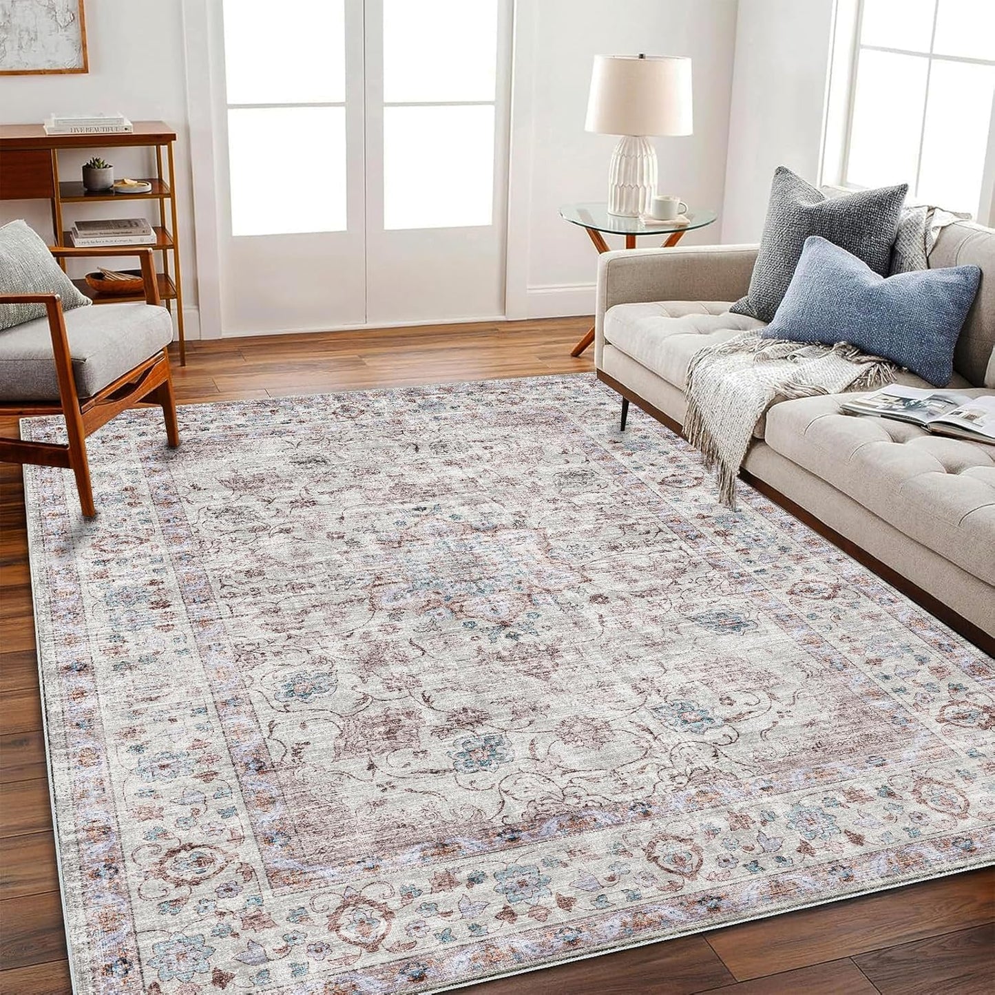 Washable Area Rug 9'x12' Boho Design Non-Shedding Easy Care Ideal for High Traffic Areas in Living Room Bedroom Office Coffee Table Kitchen Large Carpet