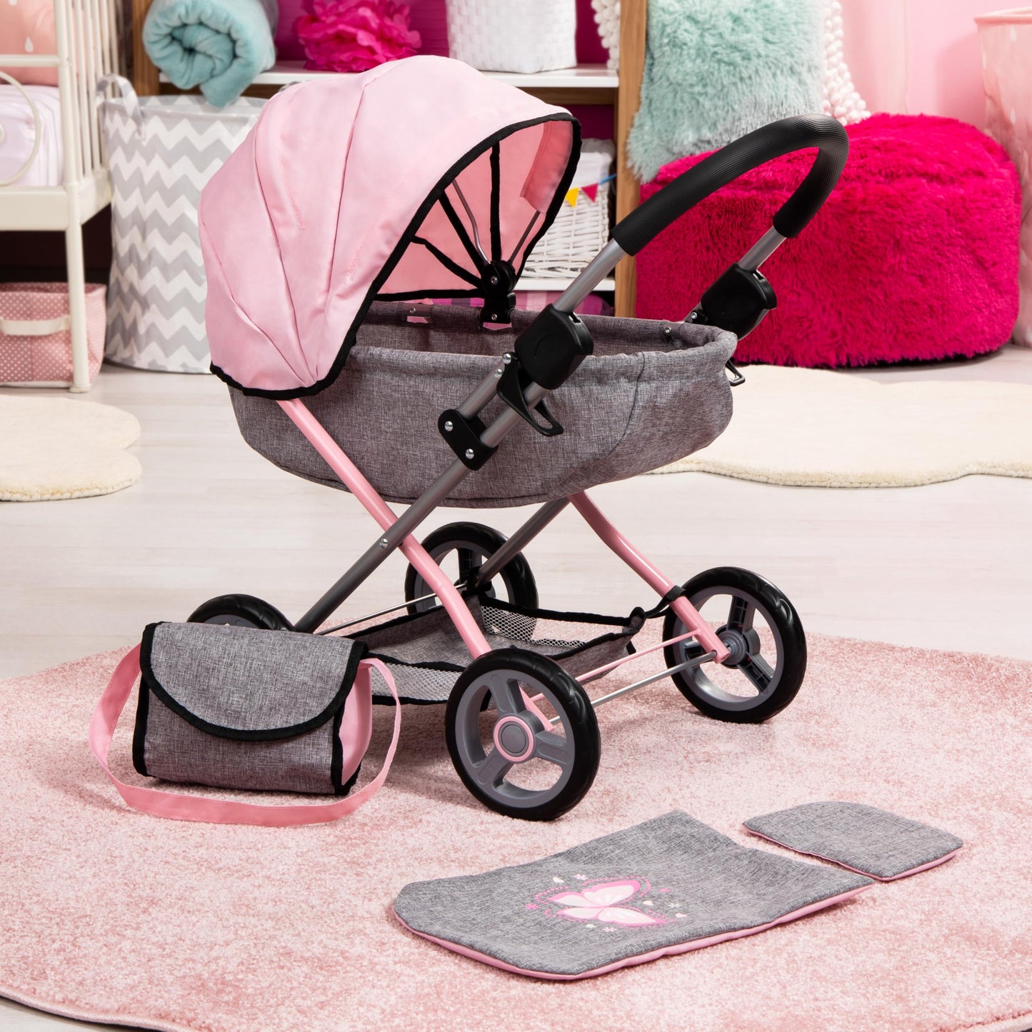 Bayer: 4-in-1 Toy Baby Doll Pram Stroller Cosy Set - Dolls Up to 18" (Pink/Grey) | Baby Dolls | Pretend | Dress up | Accessory