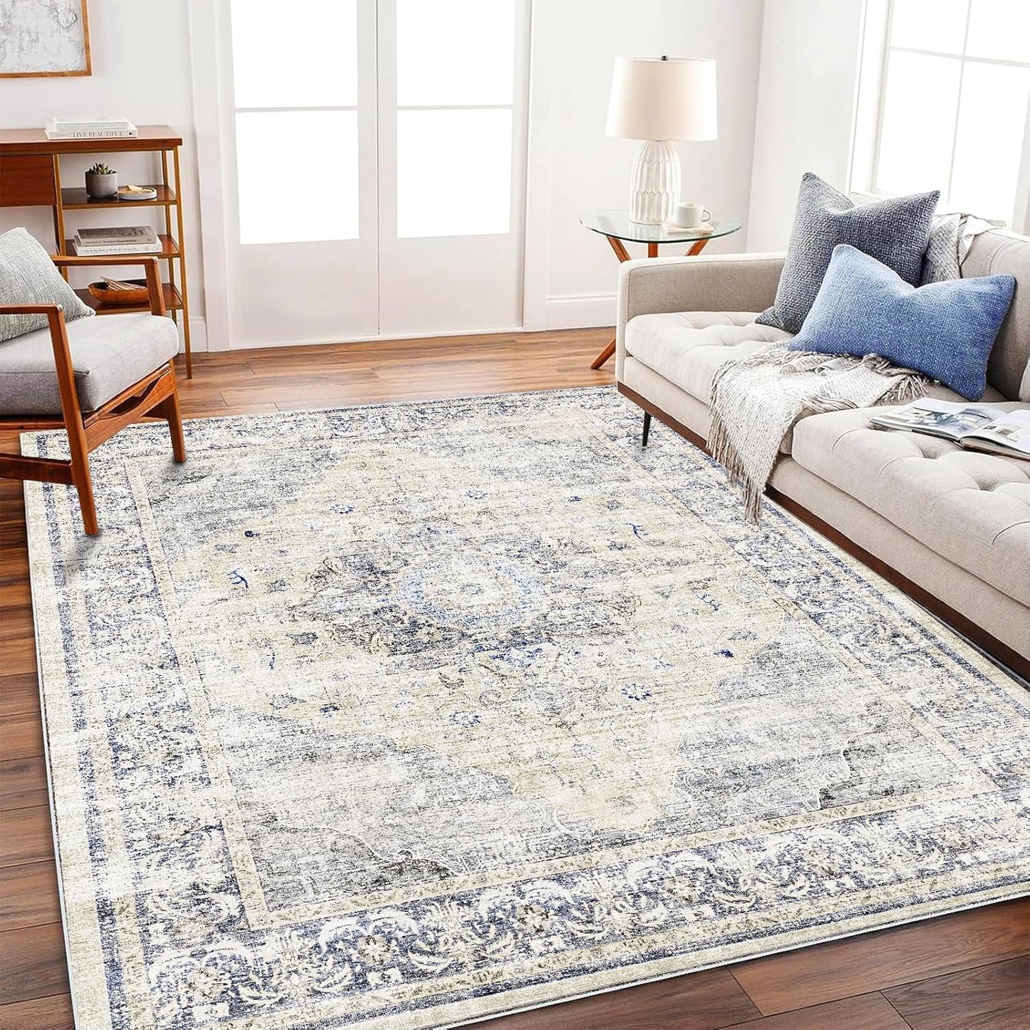 Washable Area Rug 9'x12' Boho Design Non-Shedding Easy Care Ideal for High Traffic Areas in Living Room Bedroom Office Coffee Table Kitchen Large Carpet