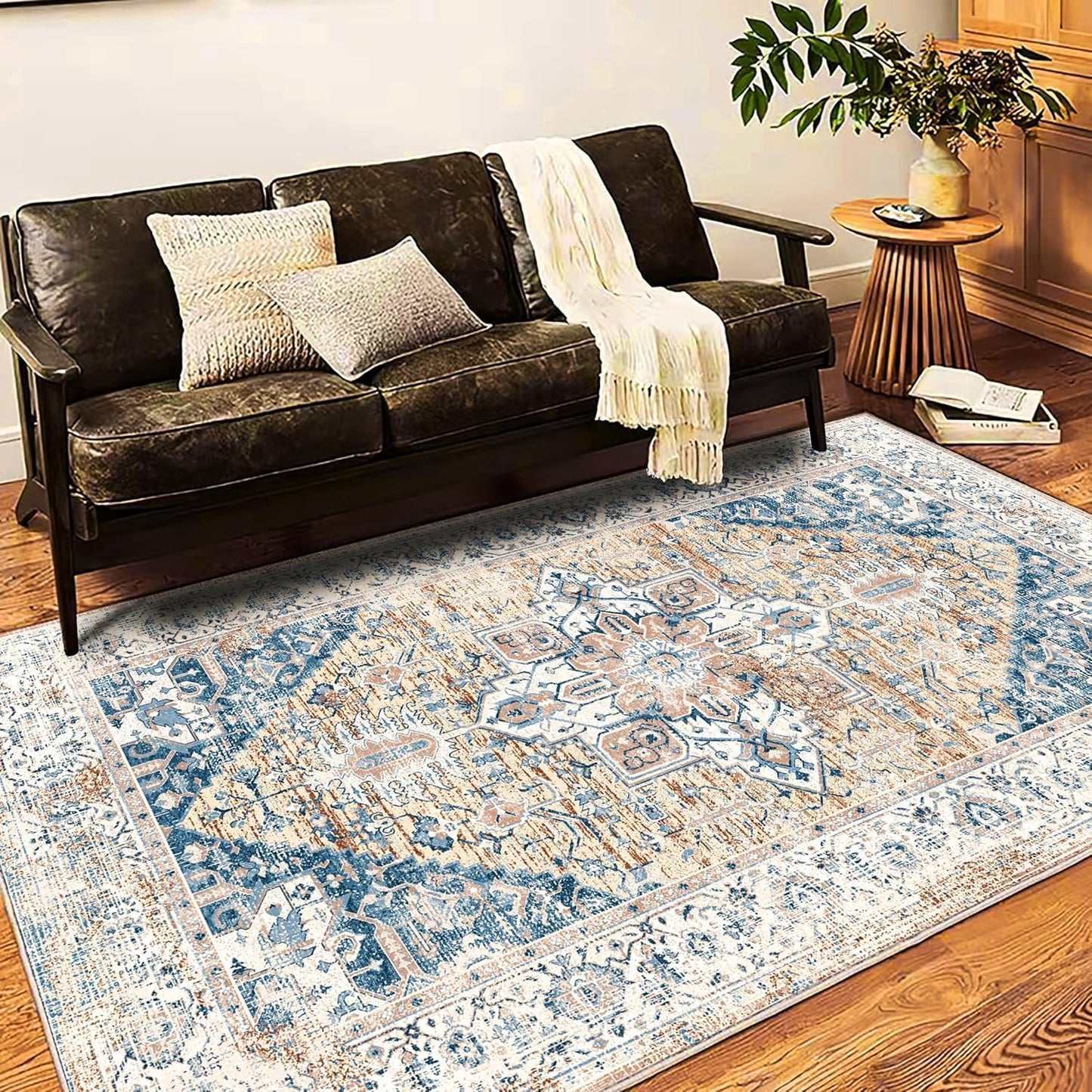 Washable Area Rug 9'x12' Boho Design Non-Shedding Easy Care Ideal for High Traffic Areas in Living Room Bedroom Office Coffee Table Kitchen Large Carpet