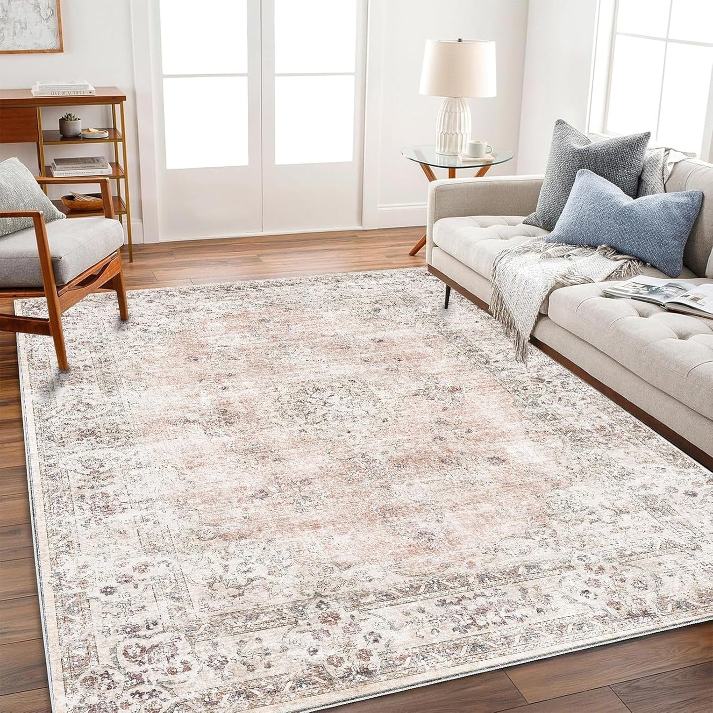 Washable Area Rug 9'x12' Boho Design Non-Shedding Easy Care Ideal for High Traffic Areas in Living Room Bedroom Office Coffee Table Kitchen Large Carpet
