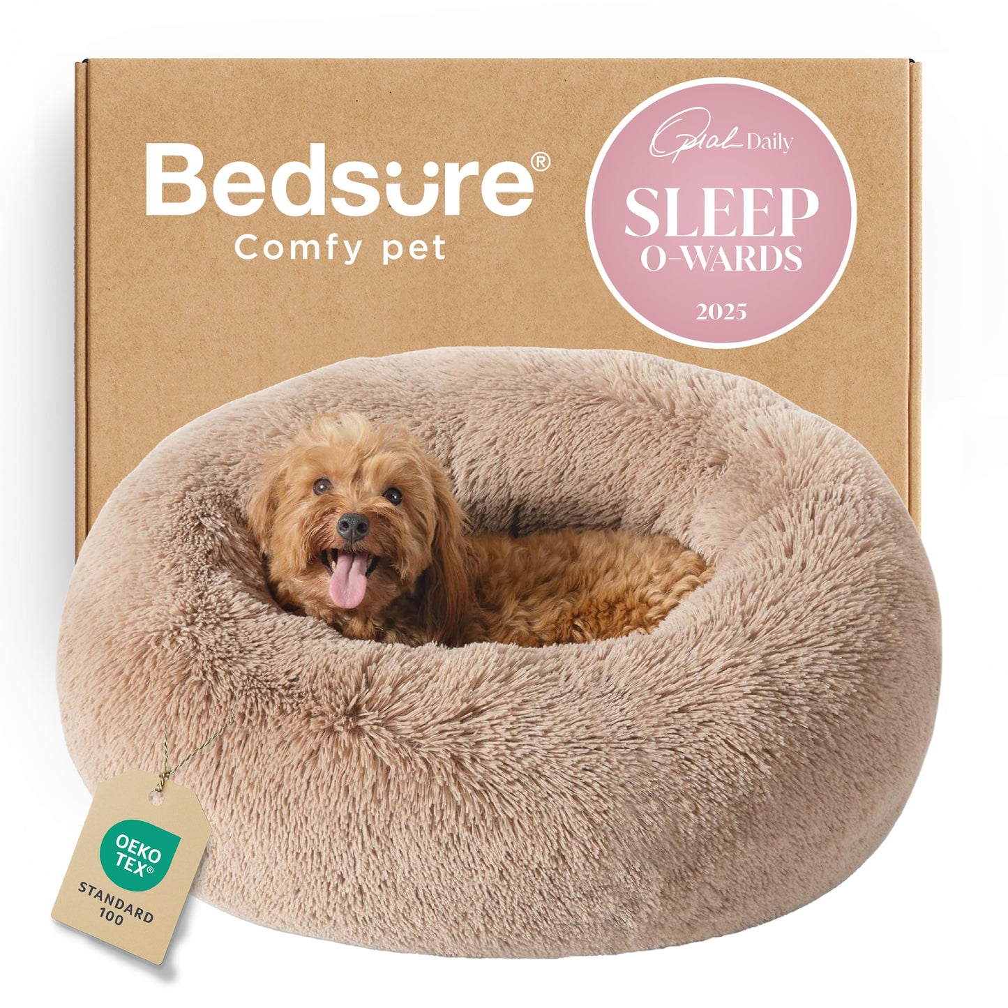 Bedsure Calming Dog Bed Medium Size Dog - Donut Washable Medium Pet Bed, 30 inches Anti-Slip Round Fluffy Plush Faux Fur Cat Bed, Fits up to 45 lbs Pets, Camel