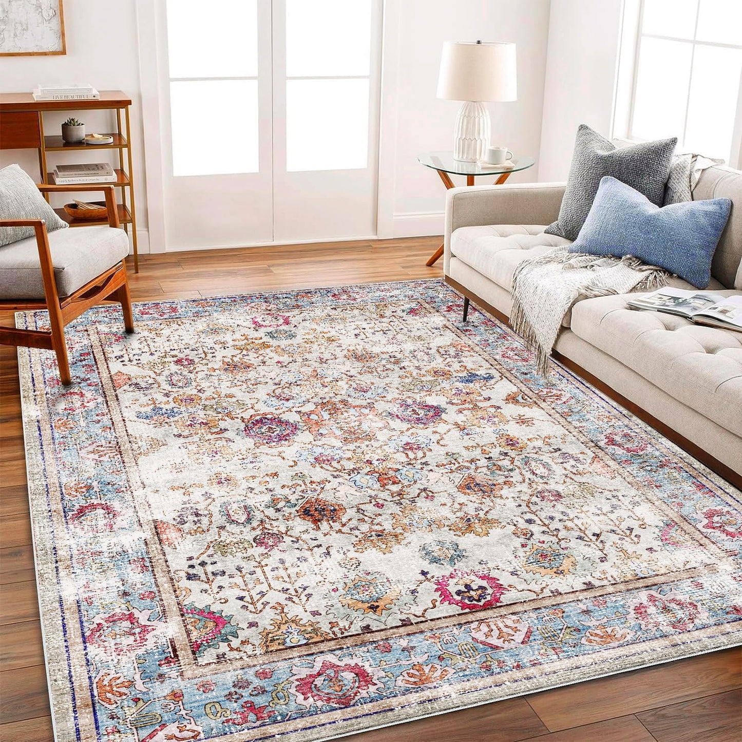 Washable Area Rug 9'x12' Boho Design Non-Shedding Easy Care Ideal for High Traffic Areas in Living Room Bedroom Office Coffee Table Kitchen Large Carpet