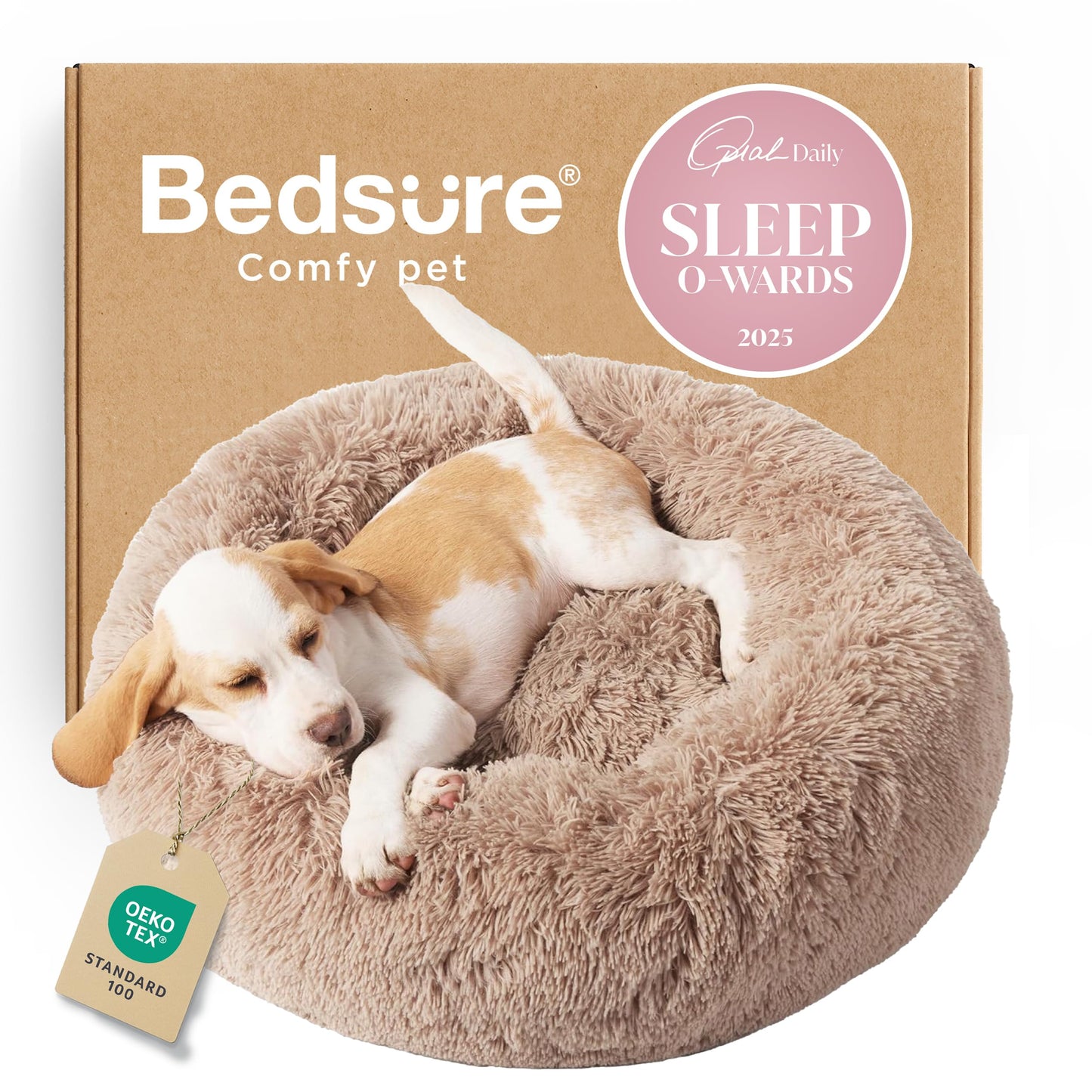 Bedsure Calming Dog Bed Medium Size Dog - Donut Washable Medium Pet Bed, 30 inches Anti-Slip Round Fluffy Plush Faux Fur Cat Bed, Fits up to 45 lbs Pets, Camel