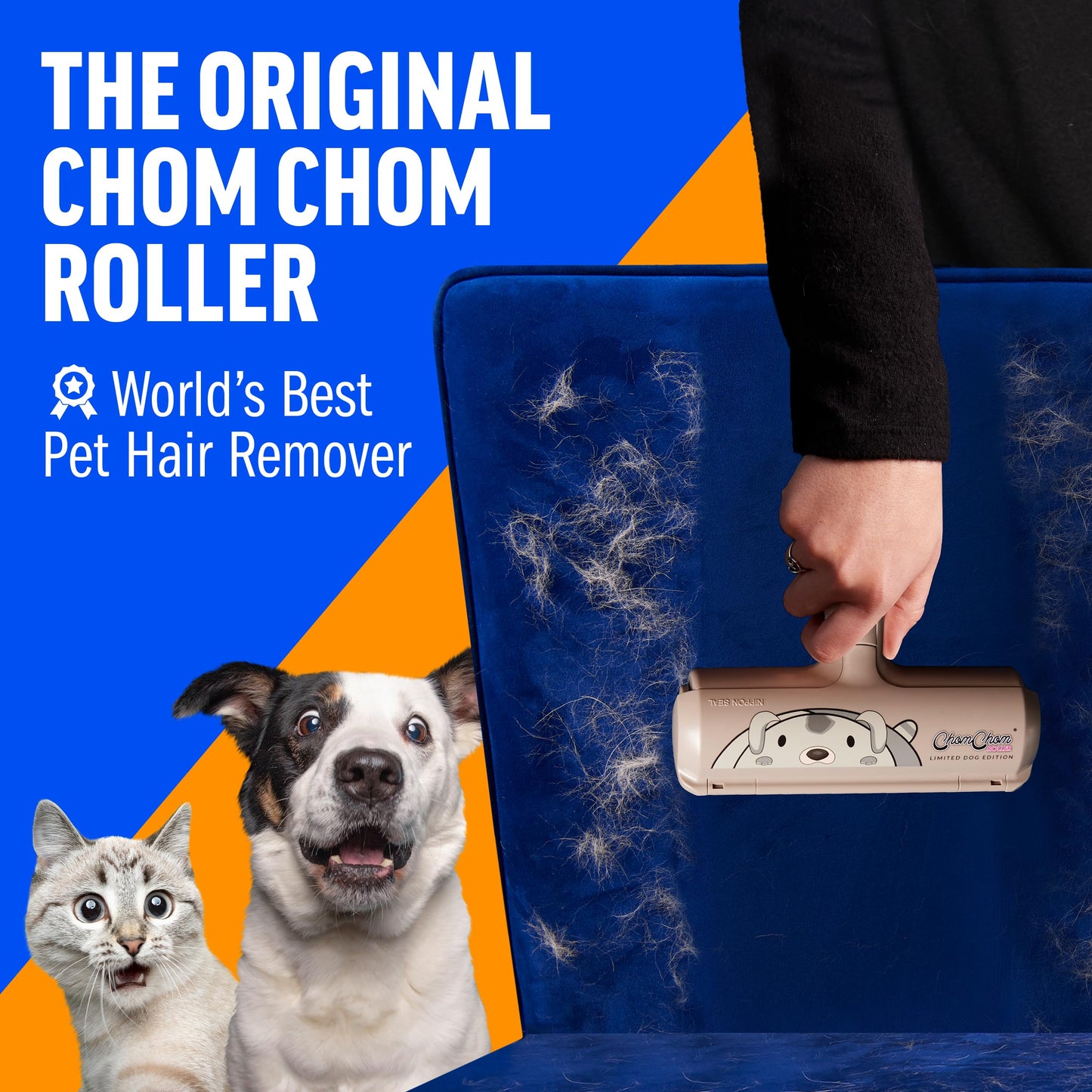 ChomChom Roller Pet Hair Remover – Original Size Reusable Lint Roller for Cat & Dog Hair on Furniture, Couch, Carpet, Car, Rugs & Bedding – Portable, Eco-Friendly (White)