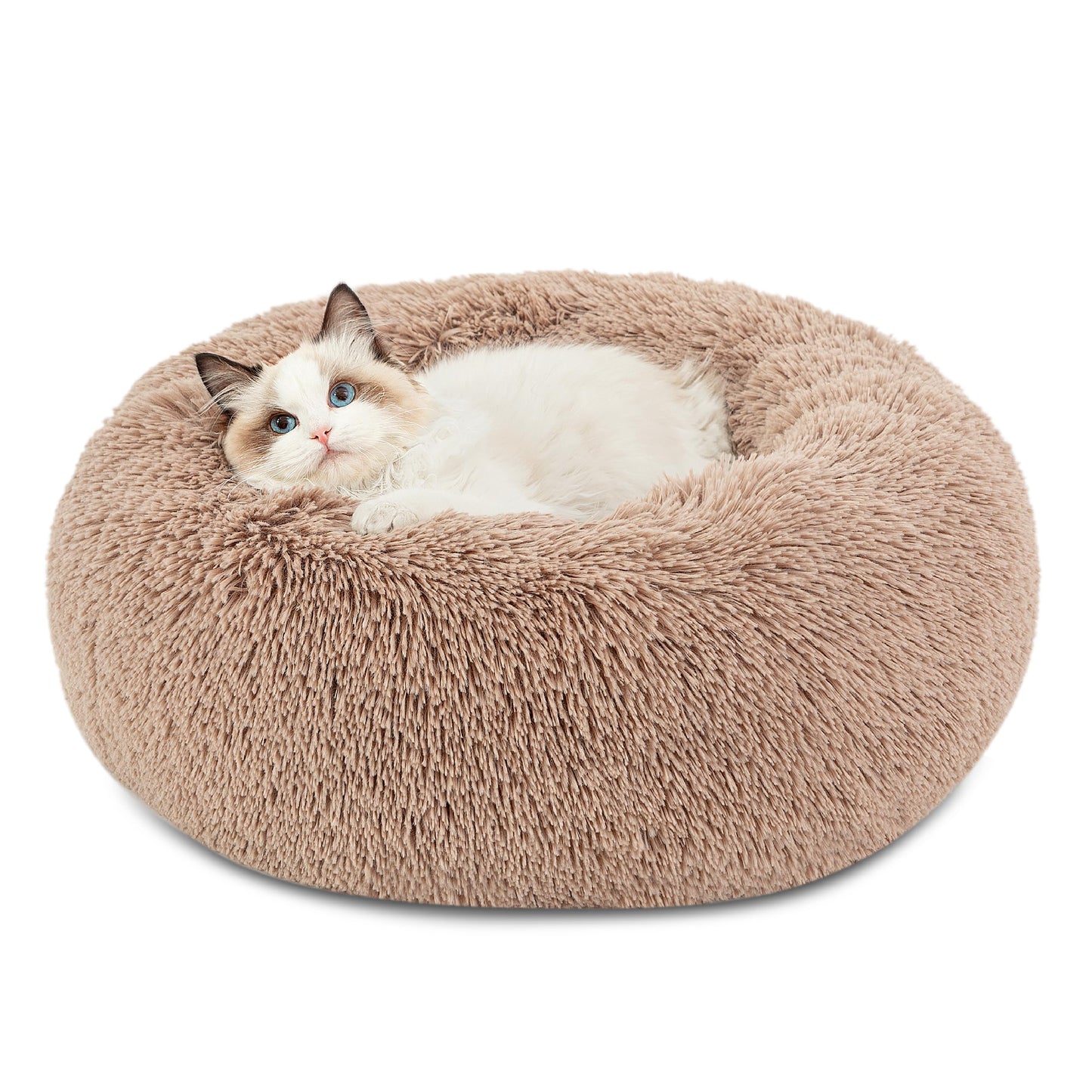 Bedsure Calming Dog Bed Medium Size Dog - Donut Washable Medium Pet Bed, 30 inches Anti-Slip Round Fluffy Plush Faux Fur Cat Bed, Fits up to 45 lbs Pets, Camel